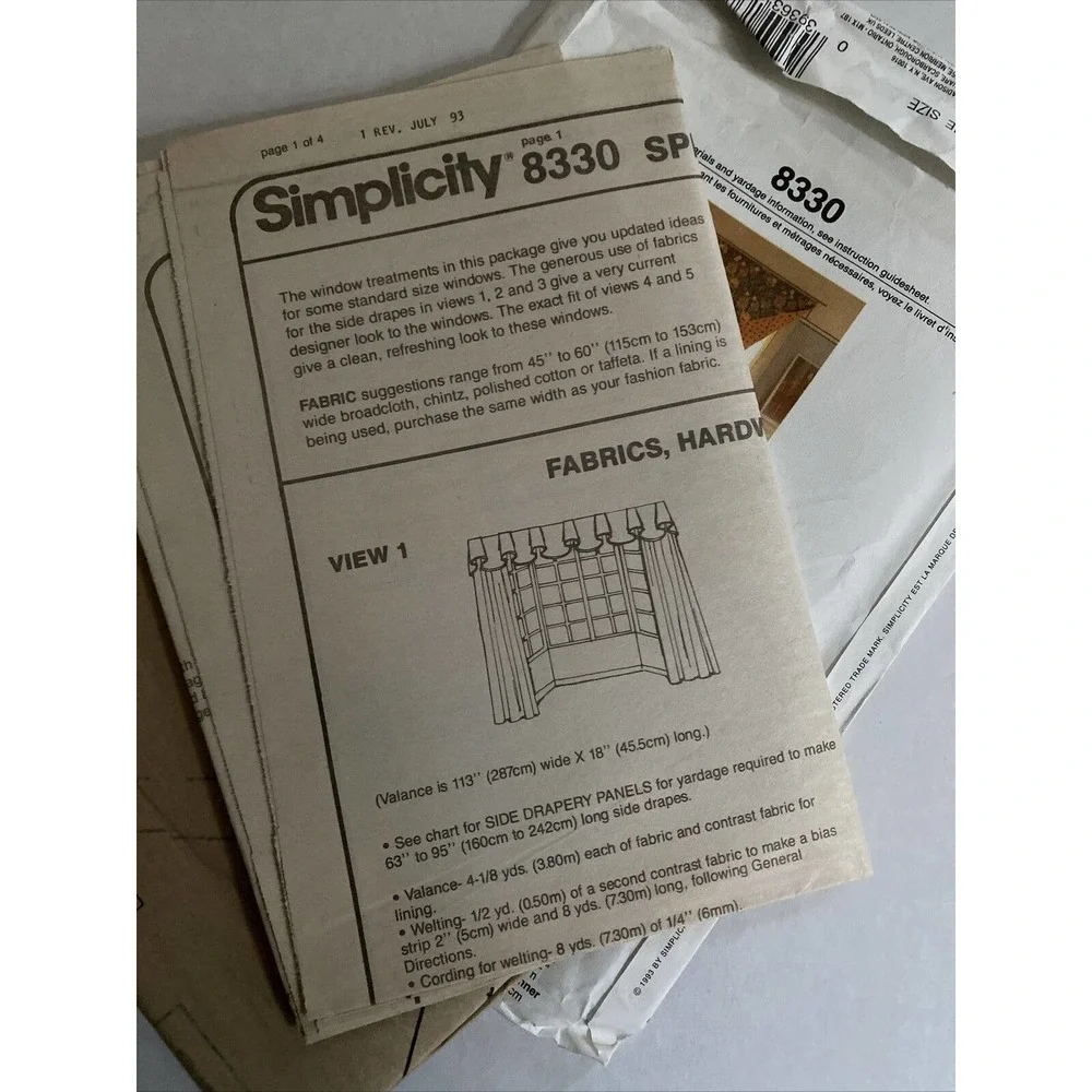 UNCUT NEW Simplicity 8330 Window Treatments Valance Panel Shade Sewing Pattern